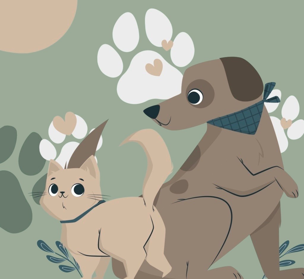 Ilustração da JePets com um cachorro de bandana azul e um gato bege, cercados por patinhas e corações.